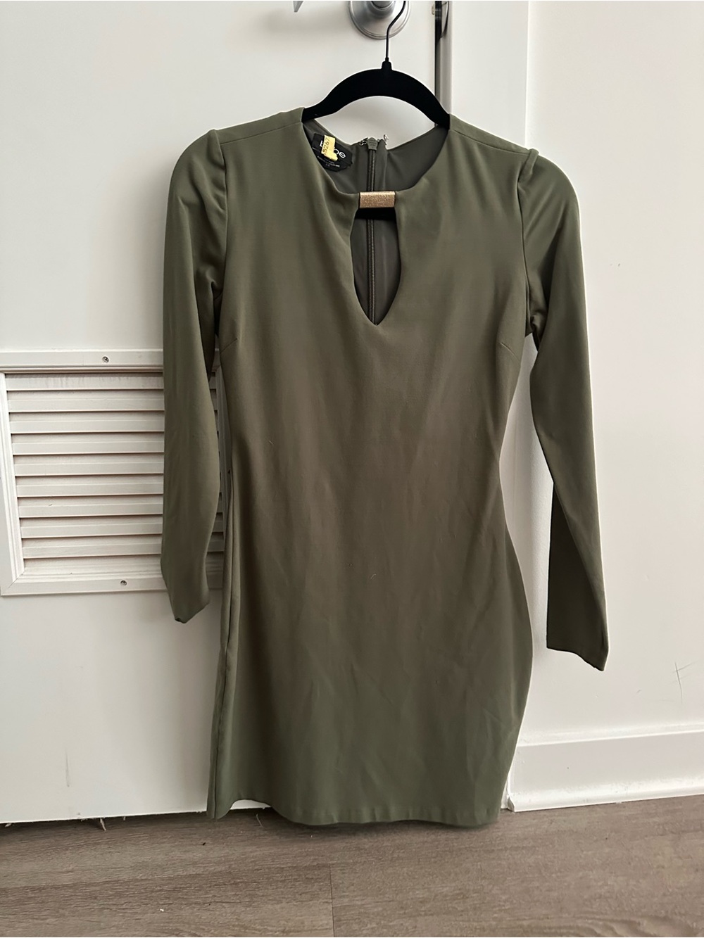 bebe Olive Long Sleeve Keyhole Dress with Gold Accent
